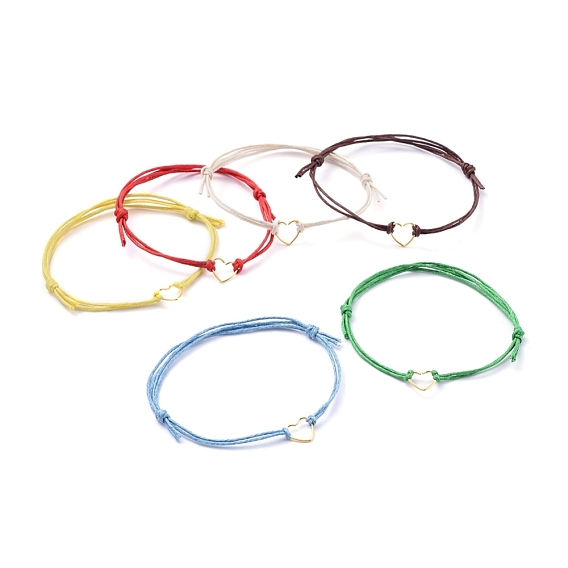 Bracelets réglables en cordon de coton ciré, avec 304 anneau de saut coeur en acier inoxydable