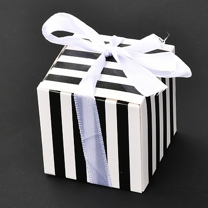 Boîte-cadeau carrée pliable en papier créatif, motif à rayures avec ruban, coffret cadeau décoratif pour les mariages