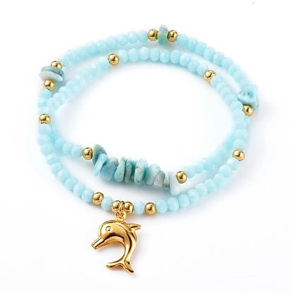 Stretch Bracelets Sets, with Glass Beads, Natural Larimar Chip Beads and 304 Stainless Steel Pendants, Dolphin, Golden