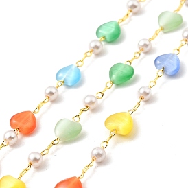 Colorful Cat Eye Heart & Glass Pearl Beaded Chain, with Brass Findings, Unwelded, with Spool, Lead Free & Cadmium Free