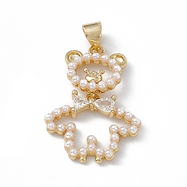 Rack Plating Brass Micro Pave Cubic Zirconia Pendants, with Plastic Imitation Pearl, Cadmium Free & Lead Free, Long-Lasting Plated, Bear Charm