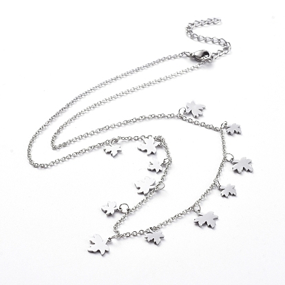 304 Stainless Steel Pendant Bib Necklaces, with Cable Chains and Lobster Claw Clasps, Leaf