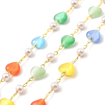 Chaîne en perles de verre et cœur œil de chat coloré, avec les accessoires en laiton, non soudée, avec bobine, sans plomb et sans cadmium