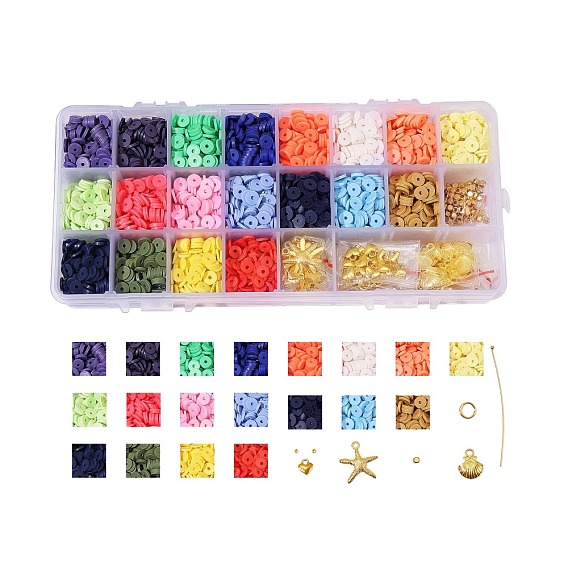 Kits de joyería de cuentas de heishi diy, con hechos a mano granos de la arcilla del polímero, Colgantes de la aleación, hilo elástico, cuentas espaciadoras de latón y pasadores de rótula y anillos, tijeras