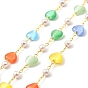 Chaîne en perles de verre et cœur œil de chat coloré, avec les accessoires en laiton, non soudée, avec bobine, sans plomb et sans cadmium