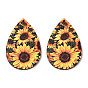 Single Face Sunflower Printed Wood Big Pendants, Teardrop Charm with Sunflower/Tartan/Cross/Leopard Print/Cattle/Flag/Cow/ Pattern