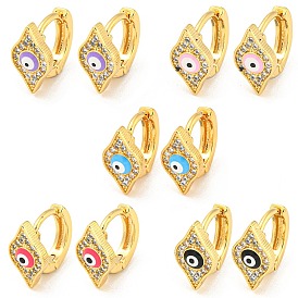 Rhombus with Evil Eye Real 18K Gold Plated Brass Hoop Earrings, with Enamel and Clear Cubic Zirconia