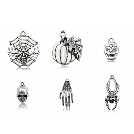 Halloween Theme Tibetan Style Alloy Pendants, Skull Pumpkin Spider Charms, Antique Silver