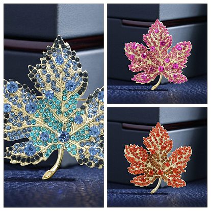 Rhinestone Maple Leaf Brooch Pin, Golden Alloy Badge for Backpack Clothes