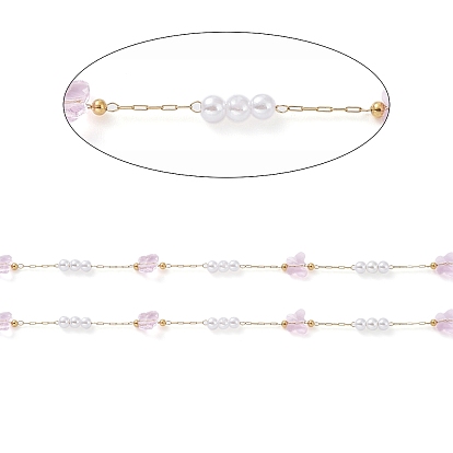 Papillon en verre fait à la main et chaînes de perles d'imitation en plastique abs, avec 304 accessoires en acier inoxydable, soudé, avec bobine