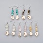 Chip Gemstone Dangle Earrings, with Cowrie Shell and Brass Earring Hooks