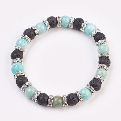 Natural Gemstone Stretch Bracelets, with Brass Rhinestone Spacer Beads