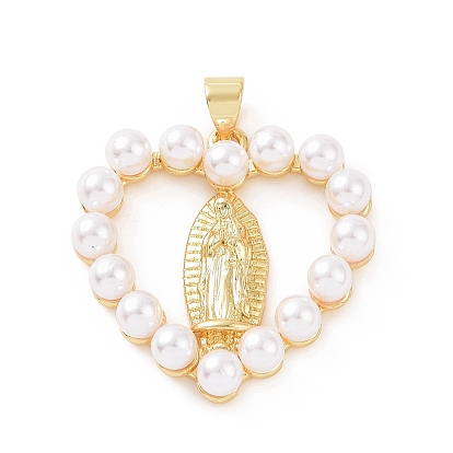Brass with ABS Plastic Imitation Pearl Pendants, Heart with Virgin Mary Charm