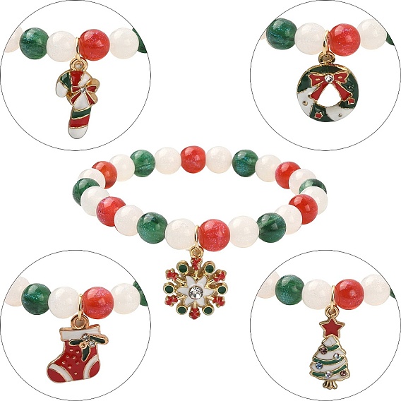 Resin Round Beaded Stretch Bracelet with Alloy Enamel Christmas Charms