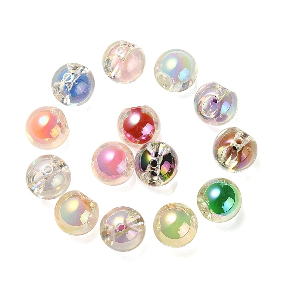 Perlas europeas de acrílico iridiscente de arco iris chapado en uv transparente, talón en grano, abalorios de grande agujero, rondo