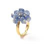 Natural Mixed Gemstone Chips Flower Adjustable Ring, Golden Brass Jewelry for Women