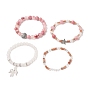 4Pcs 4 Style Natural Mixed Gemstone Beaded Stretch Bracelets Set, Shell & Starfish & Fairy Alloy Charms Stackable Bracelets for Women