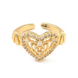 Cubic Zirconia Heart Open Cuff Ring, Real 18K Gold Plated Brass Jewelry for Women, Cadmium Free & Lead Free