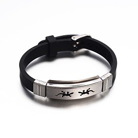 Jewelry Black Color Rubber Cord Bracelets, with 304 Stainless Steel Findings and Watch Band Clasps, Rectangle with Gecko, 210x10mm