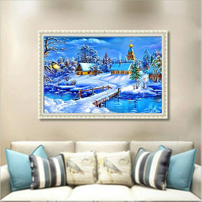 Diy зимний снежный дом пейзаж алмазная живопись наборы, включая стразы из смолы, алмазная липкая ручка, поднос тарелка и клей глина