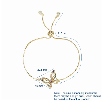 Adjustable Brass Slider Bracelets, Bolo Bracelets, with Brass Micro Pave Cubic Zirconia Butterfly Links and Gift Jewelry Box, for Women