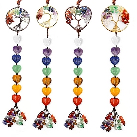 Gemstone Chips Tree of Life Pendant Decorations, Braided Nylon Thread and Gemstone Chip Tassel Car Mirror Hanging Ornaments