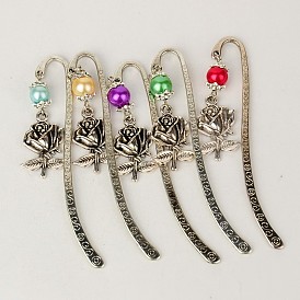 Tibetan Style Bookmarks/Hairpins for Valentine's Day, with Glass Pearl Beads, Rose, 84mm