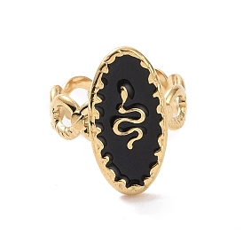 Ovale en émail noir avec anneau de manchette ouvert serpent, bijoux en acier au titane pour femmes