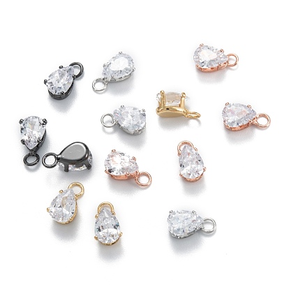 Brass Clear Cubic Zirconia Charms, Long-Lasting Plated, Teardrop
