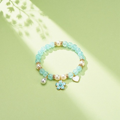 Bracelet extensible imitation perle acrylique, bracelet à breloques en alliage émail coeur fleur pour femme