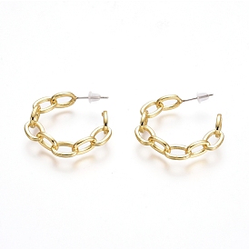Semicircular Brass Cable Chain Stud Earrings, Half Hoop Earrings, with 925 Sterling Silver Pin and Plastic Ear Nuts, Long-Lasting Plated