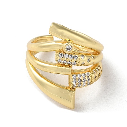 Rack Plating Brass with Clear Cubic Zirconia Open Cuff Rings, Hollow