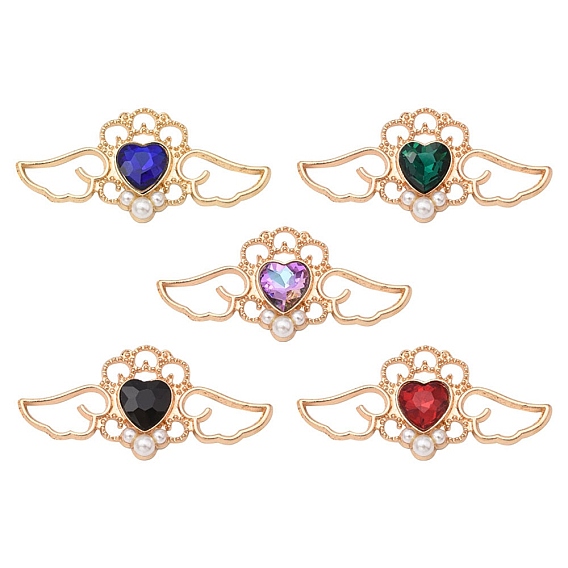 5Pcs 5 Colors Rack Plating Alloy Rhinestone Pendants, with Plastic Imitation Pearl, Wing with Heart Charms