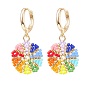 Rainbow Color Japanese Seed Braided Flower Dangle Hoop Earrings, Brass Jewelry for Women