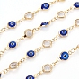Handmade Brass Link Chains, with Glass & Cubic Zirconia & Spool, Soldered, Long-Lasting Plated, Flat Round with Evil Eye