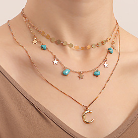 Boho Layered Turquoise Crescent Pendant Necklace for Women