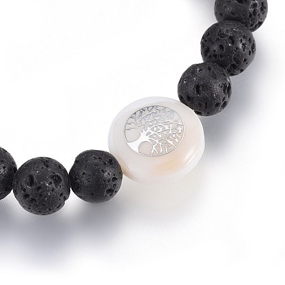 Natural Lava Rock Beads Stretch Bracelets, with Freshwater Shell Beads, Flat Round