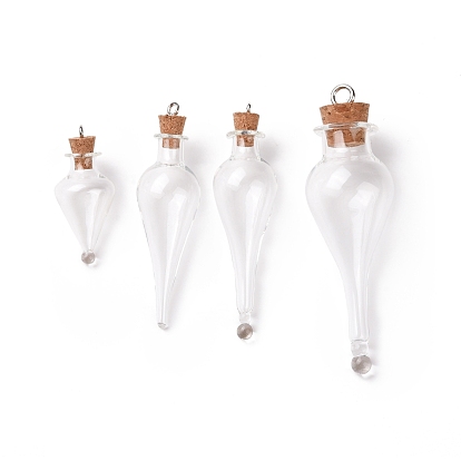 Teardrop Glass Cork Bottle Pendants, Glass Empty Wishing Bottle Charm, with Platimen Tone Iron Loops
