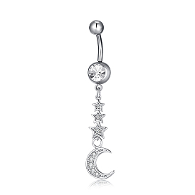 Bijoux piercing, anneau de nombril en laiton zircone cubique, anneaux de ventre, avec 304 barre en acier inoxydable, sans plomb et sans cadmium, lune avec étoile