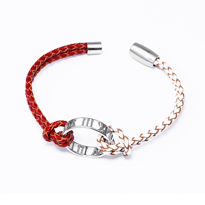 Alliage anneau liens bracelets, avec cordon en cuir et fermoirs magnétiques en alliage