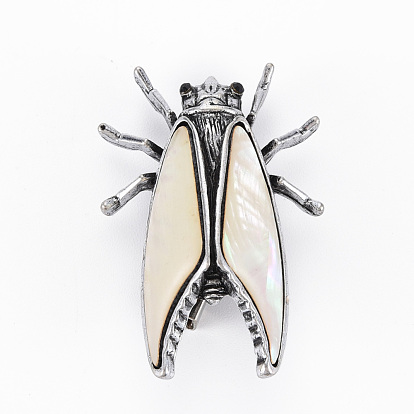 Cicada Shape Natural Shell Brooch Pin, Alloy with Rhinestone Lapel Pin for Backpack Clothing, Lead Free & Cadmium Free, Antique Silver