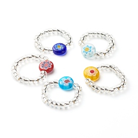 Tournesol fait main millefiori perles de verre bague pour enfant adolescente femmes, bague de perles de rocaille en verre transparent