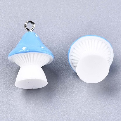 Opaque Resin Pendants, with Platinum Tone Iron Loops, Mushroom with Polka Dots