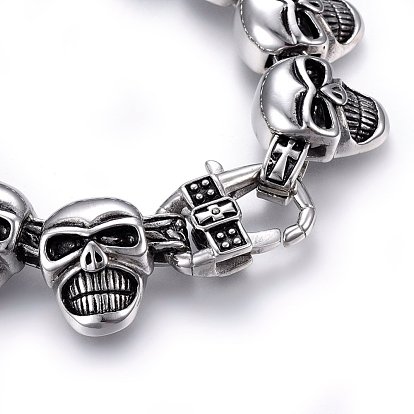Retro 304 Stainless Steel Link Bracelets, with Lobster Claw Clasps, Skull