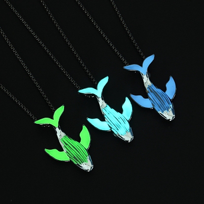 Luminous Glow in the Dark Alloy Whale Pendant Necklaces, with Stainless Steel Curb Chain