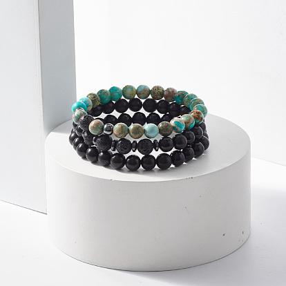 3 pcs 3 style bois naturel & roche de lave & jaspe impérial (teint) ensemble de bracelets extensibles perlés, bijoux de pierres précieuses d'huile essentielle pour les femmes