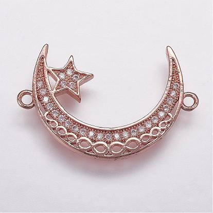 Brass Micro Pave Cubic Zirconia Links, Moon and Star