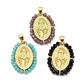 Brass with Glass Pendants, Cadmium Free & Lead Free, Real 18K Gold Plated, Oval with Virgin Mary Pattern