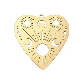 Pierced Brass Pendants, Heart with Sun & Moon Pattern