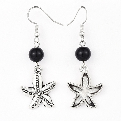 Alloy Dangle Earrings, with Glass Beads and Brass Earring Hooks, Starfish/Sea Stars